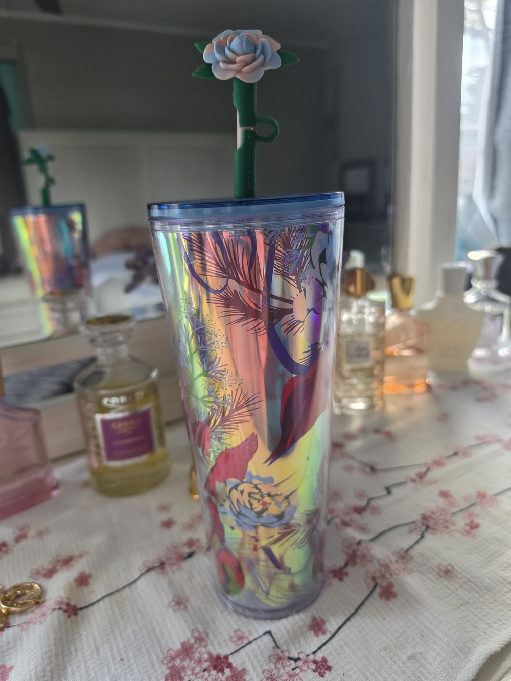 Starbucks Holiday 2023 Winter Rose Tumbler, featuring a 24 oz iridescent finish